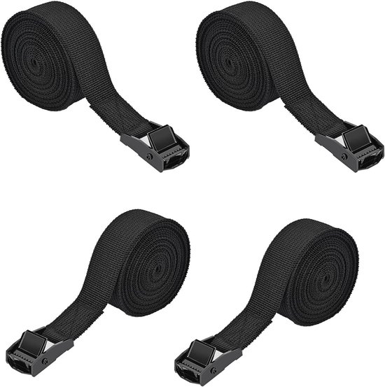 4 Stuks Spanbanden 2,5m (150kg), Zwarte Riem met Gesp voor Fietsendrager, Dakbox & Camping