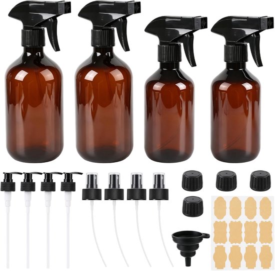 4 stuks spuitflessen, reinigingsfles, verstuiverfles, navulfles met 300 ml en 500 ml inhoud, meerdere opzetstukken, huishoudelijke sproeier voor reiniging, tuin, haarverzorging, gebruik