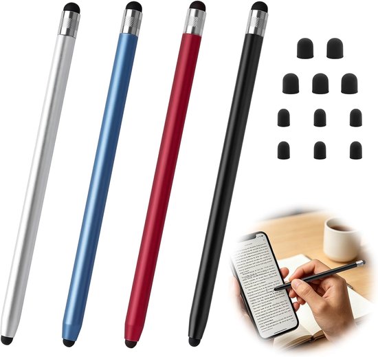 4 stuks tabletpen met 8 rubberen reservepunten, 2-in-1 touchscreen-pen voor alle tablets en smartphones, compatibel met USB-C tabletpen