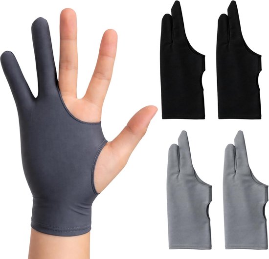 4 stuks tekenhandschoen Drawing Glove, 2-vinger kunstenaars handschoen voor tablet en digitale tekenoppervlakken, vermindert wrijving en vingerafdrukken, voor links- en rechtshandigen