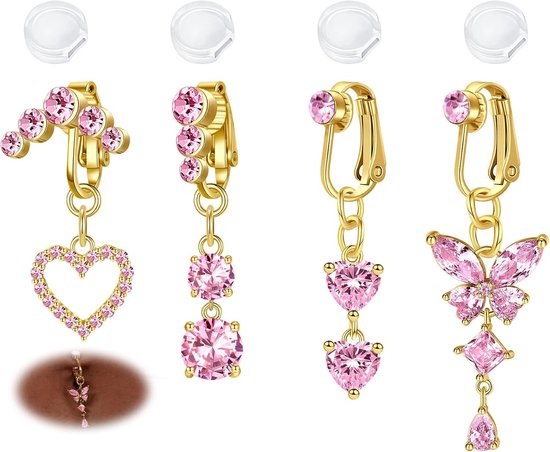 4 stuks valse navelpiercing sieraden, zilveren en gouden clips voor