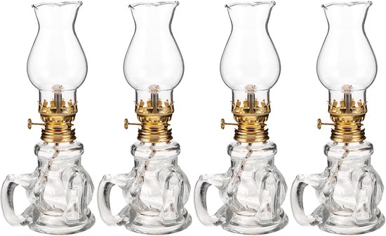 4 Stuks Vintage Glazen Petroleumlamp Robuuste Chamber Oil Lamp met Verstelbare Lont Heldere Olielamp voor Noodverlichting Sfeervolle Tafeldecoratie Binnengebruik