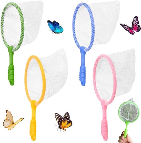 4 stuks visnetten van kunststof in roze, blauw, geel en groen, ideaal voor het vangen van insecten, strandspellen, buitenverkenning en pedagogische activiteiten