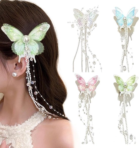 4 stuks vlinderhaarspelden, feeën vlinderhaarspelden met kwastjes, elegante vlinderhaaraccessoires voor bruid, bruiloft, babyshower, lente