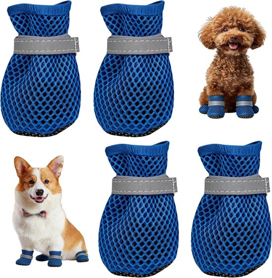 4 stuks zomerschoenen voor honden, netschoenen voor honden, ademende zomerschoenen voor honden, zomerschoenen voor honden voor kleine honden, pootbescherming (blauw, L)