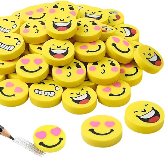 40 stuks lachgummen, ronde gummen, lachgezicht, geel, 2,5 cm, voor carnaval, school, tombola, knutselen