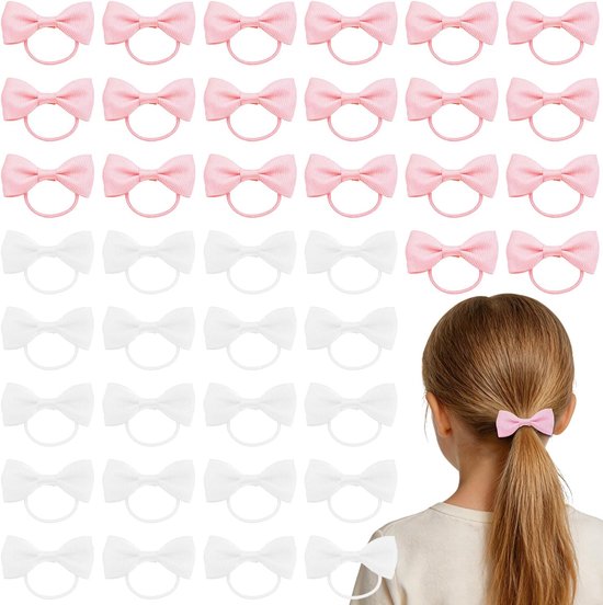 40 Stuks Meisjes Haarelastiekjes Set, Elastische Haarbanden met Lintstrikken, School Haaraccessoires voor Kinderen en Dames (Roze, Wit)