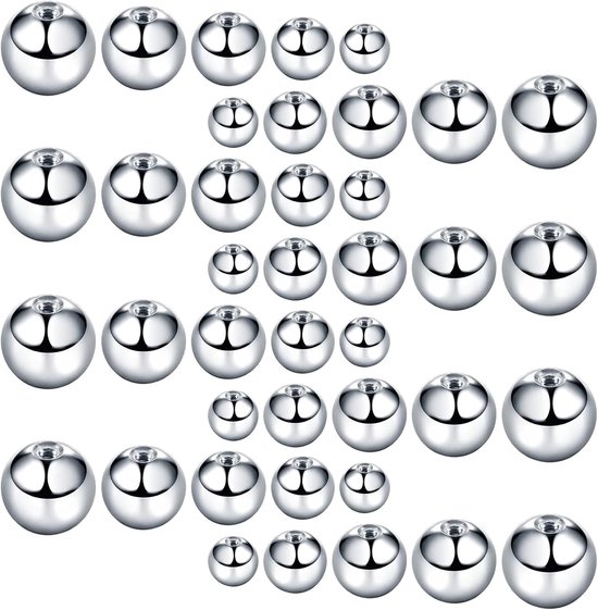 40 stuks zilveren piercingballen (1,2 mm en 1,6 mm), reservekralen, geschikt voor neus-, lip-, wenkbrauw-, navel- en tongpiercings (3/4/5/6/8 mm).