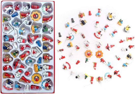 48 stuks kleine kerstornamenten, set met kleine houten kerstboom hangornamenten, sneeuwpop engelen kerstman adventskalender voor decoraties om in de kerstboom te hangen