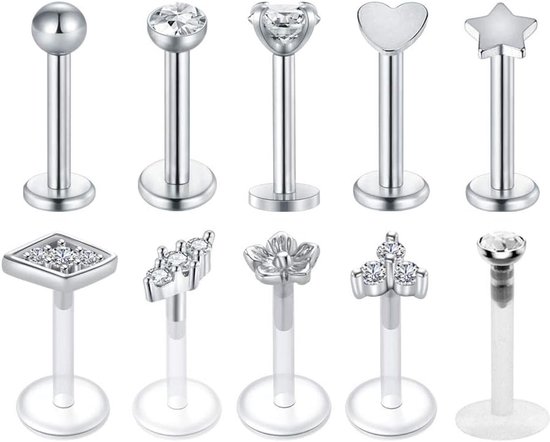 5 paar (10 stuks) 16G chirurgisch staal lippiercing labret monroe ring tragus helix piercings oorbellen stud sieraden 6-14mm