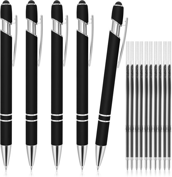 5 Pcs Ballpoint Pen met Stylus Tip - Retractable 2 in 1 Stylus Pen - Stijlvolle Pen met 10 Refills - Metalen Stylus Pen voor Touch Screens - 1mm Zwart Inkt Balpen (Zwart)