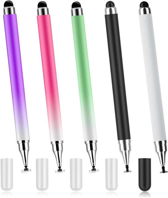 5 stuks 2-in-1 styluspen voor touchscreen, nauwkeurige capacitieve pennen met schijfpunt en vezelpunt, universele tabletpen voor iPad, iPhone, Android, Nintendo Switch, metalen behuizing