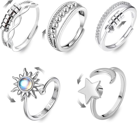 5 stuks angstringen voor dames, draaibare open ringen, verstelbaar, draaibare zilveren ring, anti-stress-ring, draaibaar, voor dames en heren, cadeau
