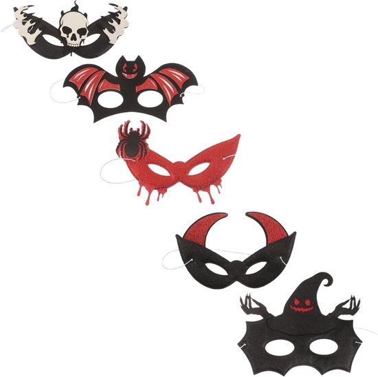 5 Stuks Delige Halloween Cosplay Half Gezicht Masker met Verstelbare Strap Lichtgewicht Polyester Spookachtig Skelet Vleermuis Thema voor Griezelige Feestelijke Masquerade Kostuum