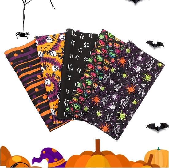 5 stuks Halloween patchwork stoffen 25 x 25 cm Halloween-patroon stof om te naaien, vet quarters stofbundel Halloween bedrukte stoffen per meter, quiltstof voor doe-het-zelf handwerk,