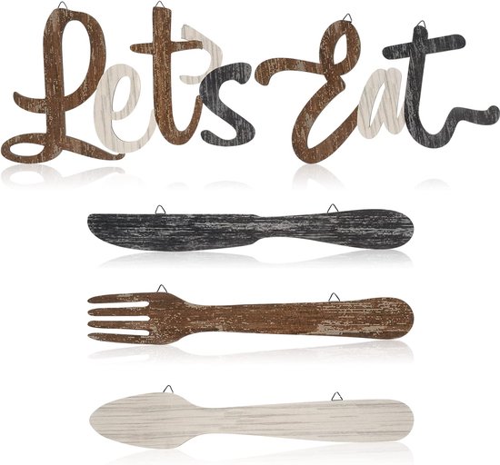 5 stuks Houten Let's Eat Teken, Vork Lepel en Mes Houten Wanddecoratie, Rustiek Houten Keuken Opknoping Decoratie, Leuke Eet Decoratie voor Keuken Thuis Eetkamer Café Restaurant (Bruin, Beige, Donkergrijs)