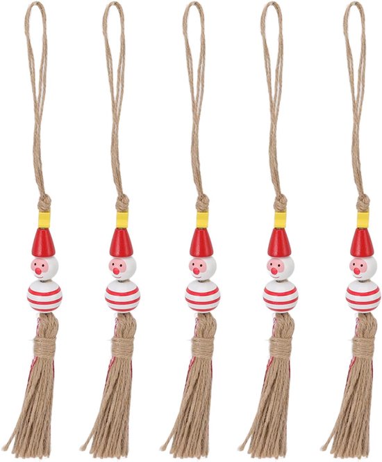 5 Stuks Kerstkralen Ornament, Schattige Heldere Kleuren Sterke Houten Sneeuwpop Houten Kralen Kerstprint Houten Kralen Met Touw Sjaal Houten Kralen Voor Boomdeur Slaapkamer(Five-Pointed Star-Rood)
