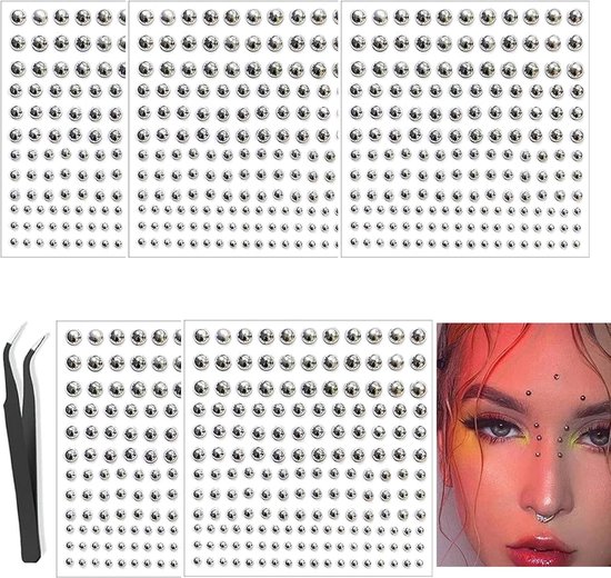5 stuks lippensteker, neppiercingset, nep neuspiercing, 3/4/5/6 mm, fake piercing om op te plakken, met pincet, zelfklevende gezichtssierstenen, cool punk, Y2K, voor lippen, neus, wenkbrauwen
