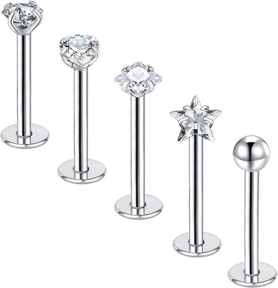 5 stuks lippiercing, 10 mm, oorbellen, roestvrij staal, 16 g, labret, zilver, goud, helix, medusa, labret, tragus, piercing, maan, Cz, vlinder, hart