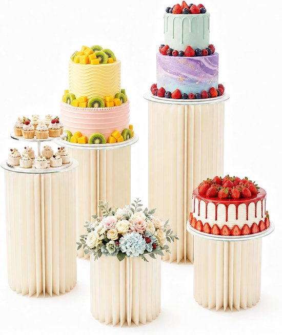 5 stuks opvouwbare papieren zuilen, taartstandaard, witte cilindersokkel voor bruiloft, feest en evenementen, decoratieve zuilen voor taarten, bloemen en tafeldecoratie, Ø 30 × H 20/40/60/80/100 cm