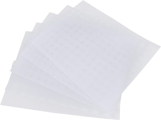 5 Stuks Plastic Gaas Canvas Vel 7 Stuks 33,5x26cm, Wit Plastic Canvas Ooggaas met 4 Breinaalden, Stevig Materiaal Geschikt voor Aquariumroosters, Het Maken van Bladwijzers, Onderzetters,