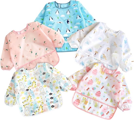 5 stuks slabbetjes met mouwen, 5 patronen, mouwslabbetjes machinewasbaar en waterdicht, uniseks slabbetjes voor baby's om te schilderen en eten, babyslabbetjes met mouwen, geschikt voor
