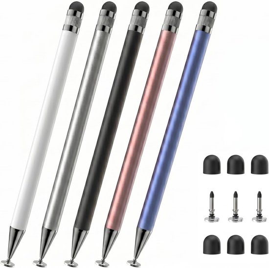 5 stuks tabletpen voor alle tablets, 2-in-1 touchscreen-pen, mobiele telefoon pen met 6 rubberen punten en 3 reservekoppen, touchpen compatibel met Android/iOS alle smartphones tablets