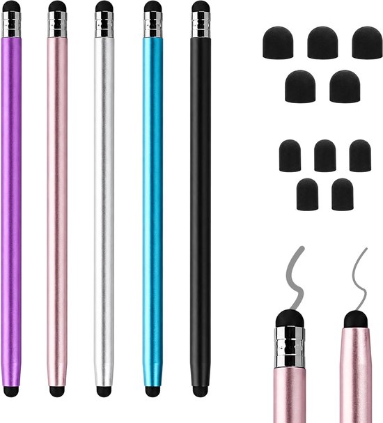 5 stuks touchscreen-pen, tabletpen voor vele tablets, 2-in-1 stylus pen met 10 siliconen punten, touchpen voor smartphone, mobiele telefoon en capacitieve schermen, compatibel met Switch/iPad/Android