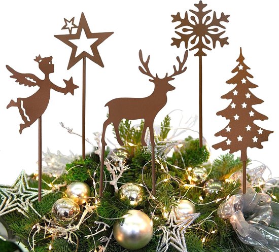 5 stuks tuinstekers voor Kerstmis, roestdecoratie, kerstdecoratie, kerstkaarsen, weerbestendig, leuke tuindecoratie van roestmetaal voor tuin, balkon, terras, bloempot