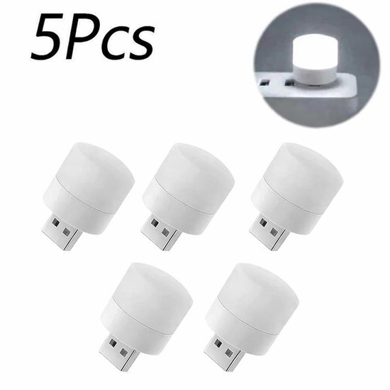 5 Stuks USB Nachtlampje LED – Mini USB Lamp – Warm Wit Licht – Oogvriendelijk – Voor Powerbank, Laptop & Stopcontact – Nachtlamp Slaapkamer & Lezen van Merkloos