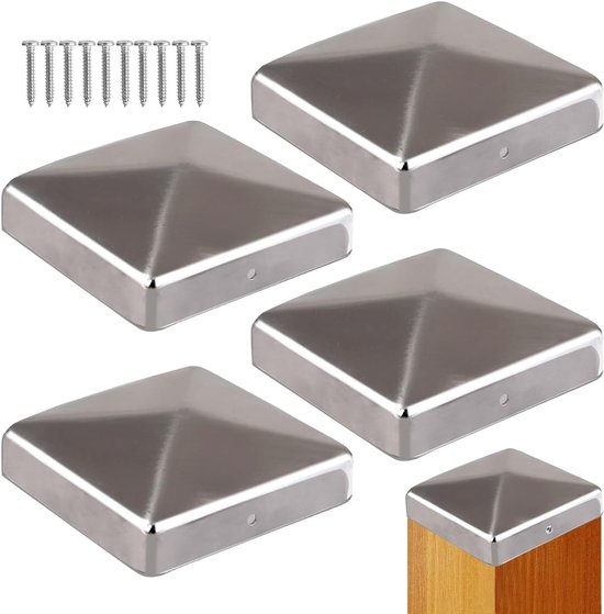5 stuks Verzinkte stalen paalkappen – Piramidevormig – perfect passend voor 5x5 cm houten tuinpalen en hekpalen in de tuin, incl. RVS bevestigingsschroeven