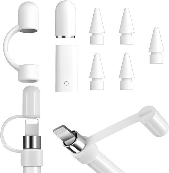 5 tips voor Apple Pencil + 1 reserve pendop + 1 adapter + 1 magnetische pendop anti-verlies-touw, hoge gevoeligheid, voor Apple Pencil 1A en 2A Generation