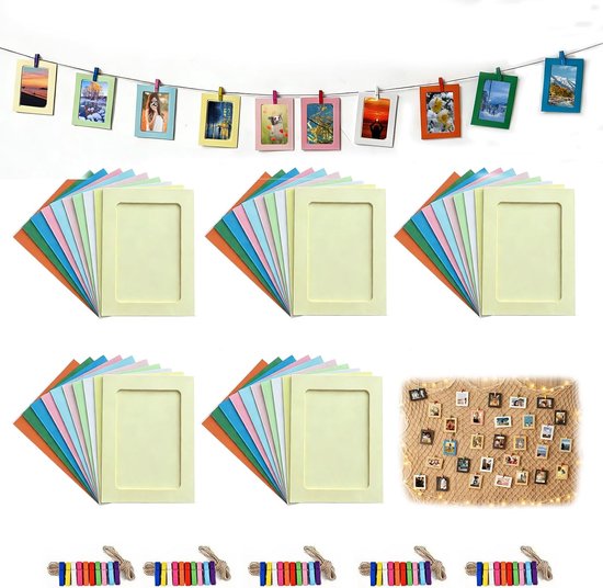 50 Stuks 12,7 cm Papiere Fotolijstjes 9,8x13,2 cm Kleurrijke Fotoketting met 50 Houten Klemmen en 5 Rollen Henneptouw Fotozakjes om op te hangen Geschikt voor Verjaardagen, Bruiloften