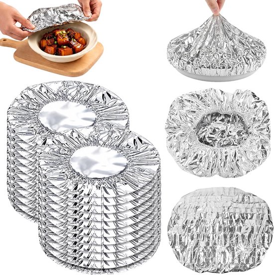 50 stuks aluminiumfolie, aluminium afdekfolie met elastiek, hittebestendig, herbruikbare afdekkingen om keukengerechten, pannen en kommen vers te houden