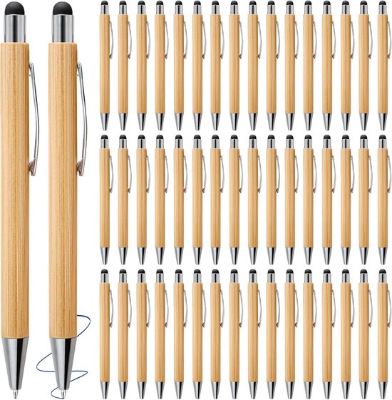 50 stuks bamboe balpen met touchpen, houten balpen, schrijfapparaat, natuurlijk en milieuvriendelijk, touch-balpen, houten balpen voor schrijven, kantoorbenodigdheden, huishouden, pennen, blauw