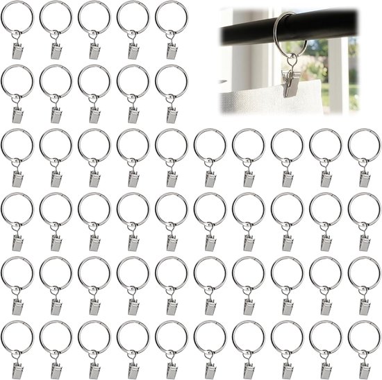 50 Stuks Gordijnringen met Clips, 34 mm Binnendiameter | Metalen Gordijnringen met Clips, Hangende Ringen voor Ramen, Douchegordijn Ringen met Clips, voor Raam, Douchegordijnen