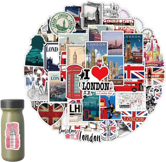 50 stuks Groot-Brittannië stickers, Londen souvenir, Engeland rode bus stickerset, koffer stickers reizen, Londen bus decoratie, voor koffer, laptops, fotoalbums, camping, skateboard, scrapbook