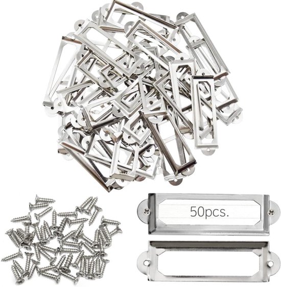 50 stuks metalen etikettenlijsten, vintage, 60 x 17 mm, etiketten, kaarthouder, meubels, lade, labelhouder met schroeven, naambordje, etikettenlijst voor kantoor, bibliotheek (60 x 17 mm/zilver