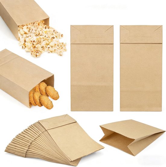 50 stuks papieren zakjes, klein met stickers, 9 x 18 x 5,5 cm, cadeauzakjes, bruin, kraftpapieren zakjes, doe-het-zelf adventskalender om te vullen, snoepzakjes, cadeautjes voor Kerstmis, bruiloft
