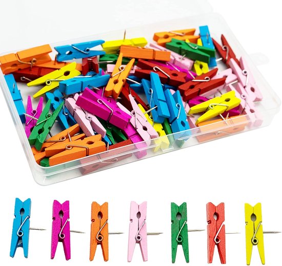 50 stuks push-pinclips, spelden met houten klemmen, meerkleurige houten clips, punaises, creatieve punaises voor kaarten, notities, foto's, school, kantoor, handwerk