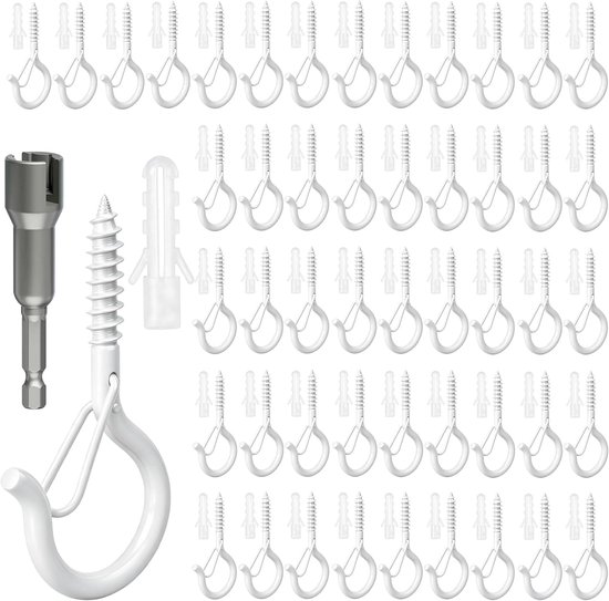 50 stuks schroefhaken wit met zekering, haken om te schroeven met pluggen