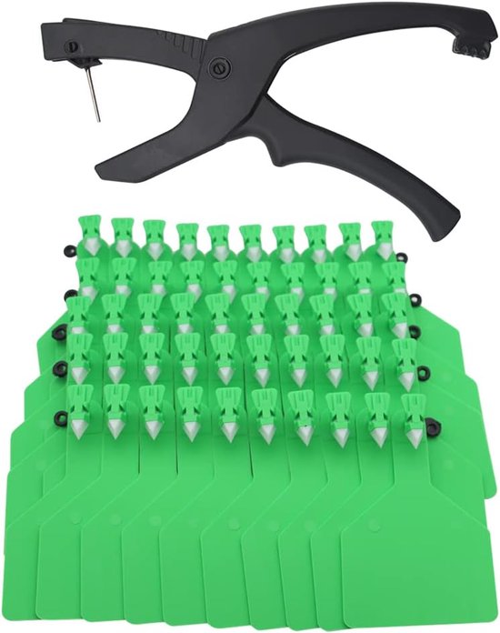 50 stuks TPU blanco Z-tags uit één stuk vee oormerken plastic dierlijke identificatietags met professionele dierlijke oormerkapplicator voor vee, schapen geit, varken, groot formaat, (groen)