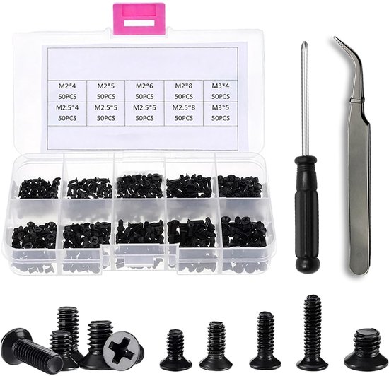 500 stuks M2/M2,5/M3 kruiskopschroeven voor laptop, zwarte pc schroevenset met kruiskopschroevendraaier en pincet, geschikt voor Dell, HP, Lenovo, Apple MacBook, Asus, Samsung