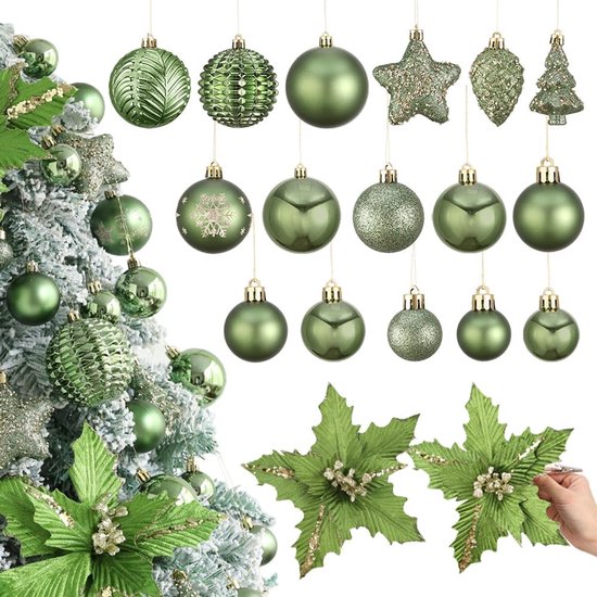 53 stuks groene kerstbal ornamenten set, glitter groene hangende bollen ornament met kunstmatige kerstbloemen voor kerstboom, nieuwjaar, vakantie, feestdecoraties (groen)