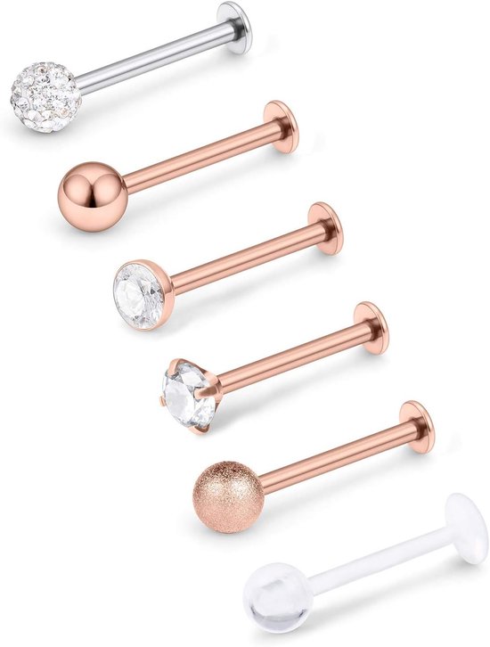 6-16 stuks 16 G 1,2 mm kraakbeen tragus helix piercing chirurgisch staal CZ lippiercing labret steker 6 stijl 8 mm zilver roségoud zwart, 16G, Metaal Kunststof