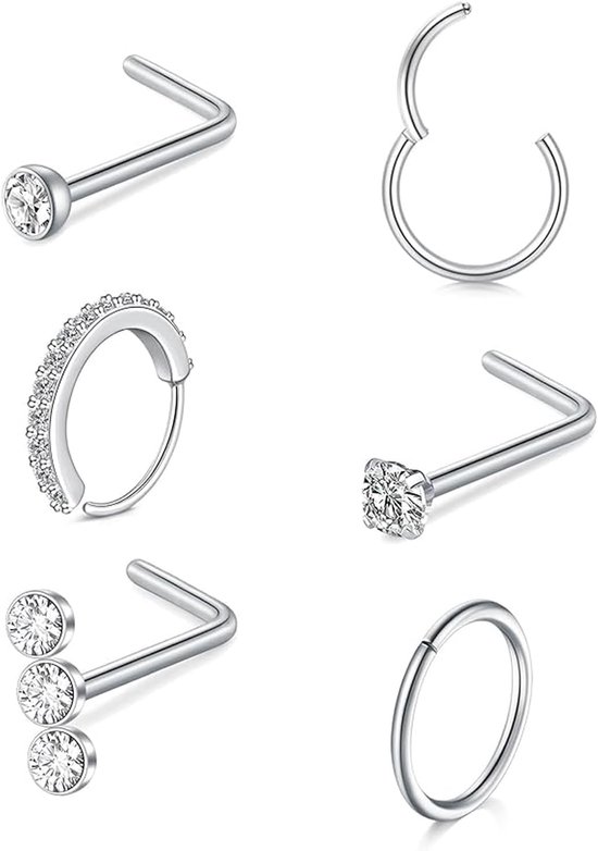 6-delige Set Zilveren Neuspiercings, L-vormige Studs van Roestvrij Staal voor Dames en Heren (8/10mm)