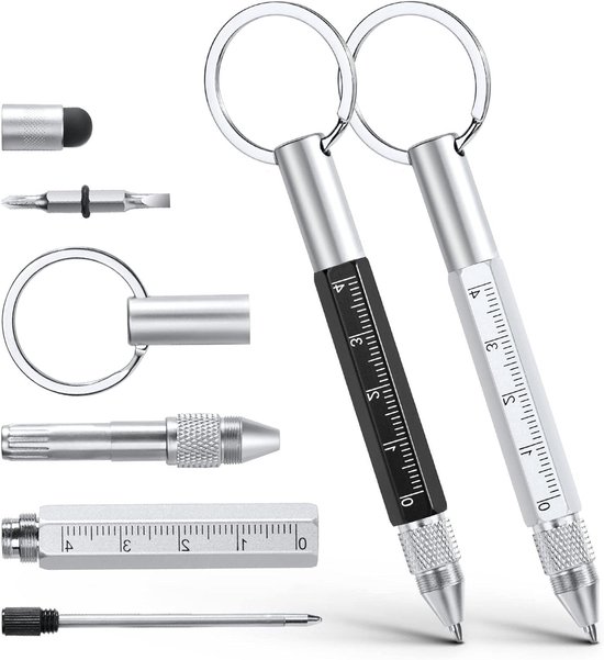6-in-1 multitool gadgets voor mannen: alles-in-één pen met stift, stylus, liniaal, sleutelhanger en schroevendraaiers (zwart) - cadeau voor vader, opa.