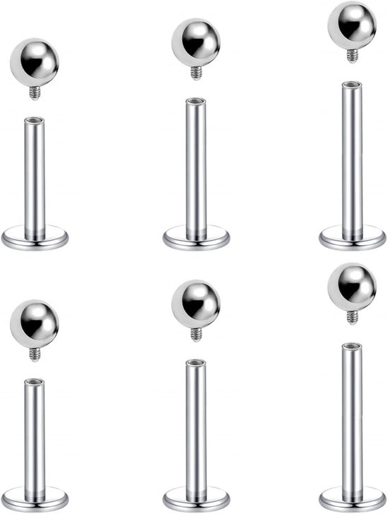 6 stuks - 1,2mm intern geschroefde titanium labret Monroe LipTragus Helix oorbellen - 3mm gladde balletjes