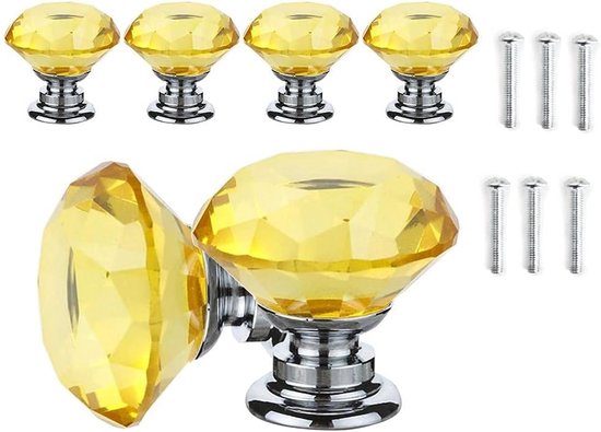 6 Stuks 30mm Kabinet Knoppen Geel Kristal Zink Legering Kristalglas Lade Knoppen Kast Slepen Handvatten Meubels Handvat