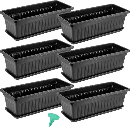 6 stuks 47 cm platteland bloembak plantenbakken, plastic groenteplantenbakken met 30 stuks plantenlabels, zwarte bloembakken met bevestigd dienblad voor vensterbank, terras, tuin, balkon..